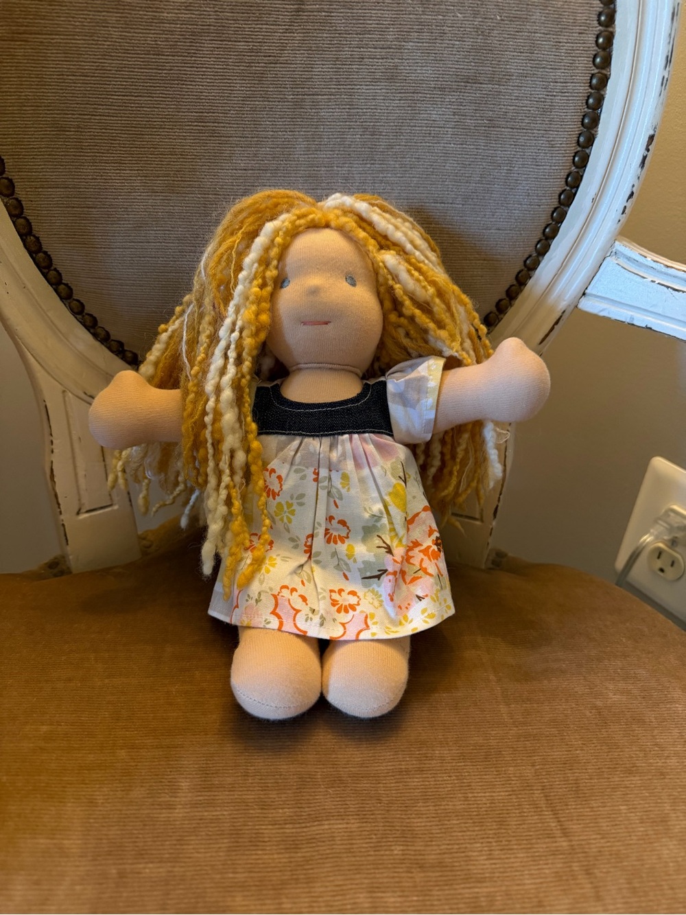 Bamboletta Handmade Cloth Doll with Yellow Yarn Hair and Floral Dress